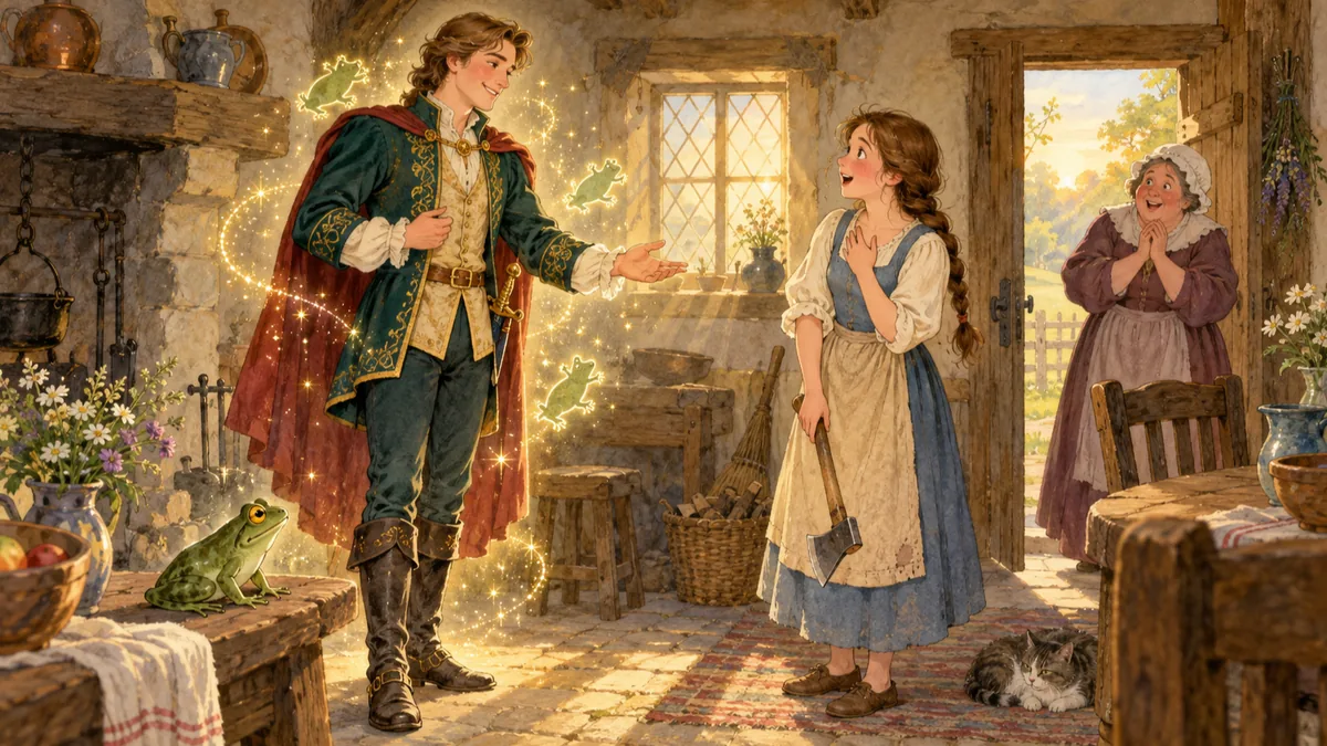 A handsome prince appears in a shower of sparkles before an astonished girl still holding an axe as an old woman rejoices.