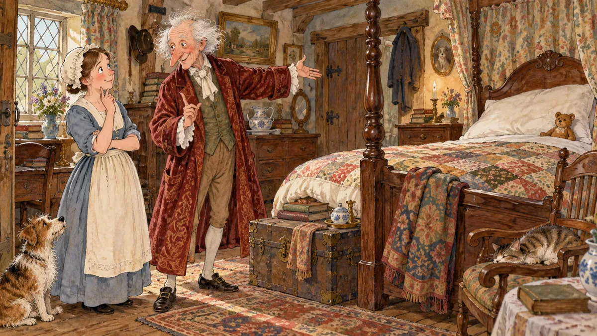 A long-nosed old gentleman in a robe gestures grandly toward a four-poster bed, teaching a curious young maid his odd names.