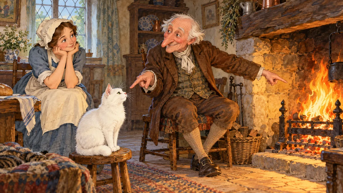 A long-nosed old man by the fire points at a white cat on a stool and toward the flames while a maid rests her chin, amused.