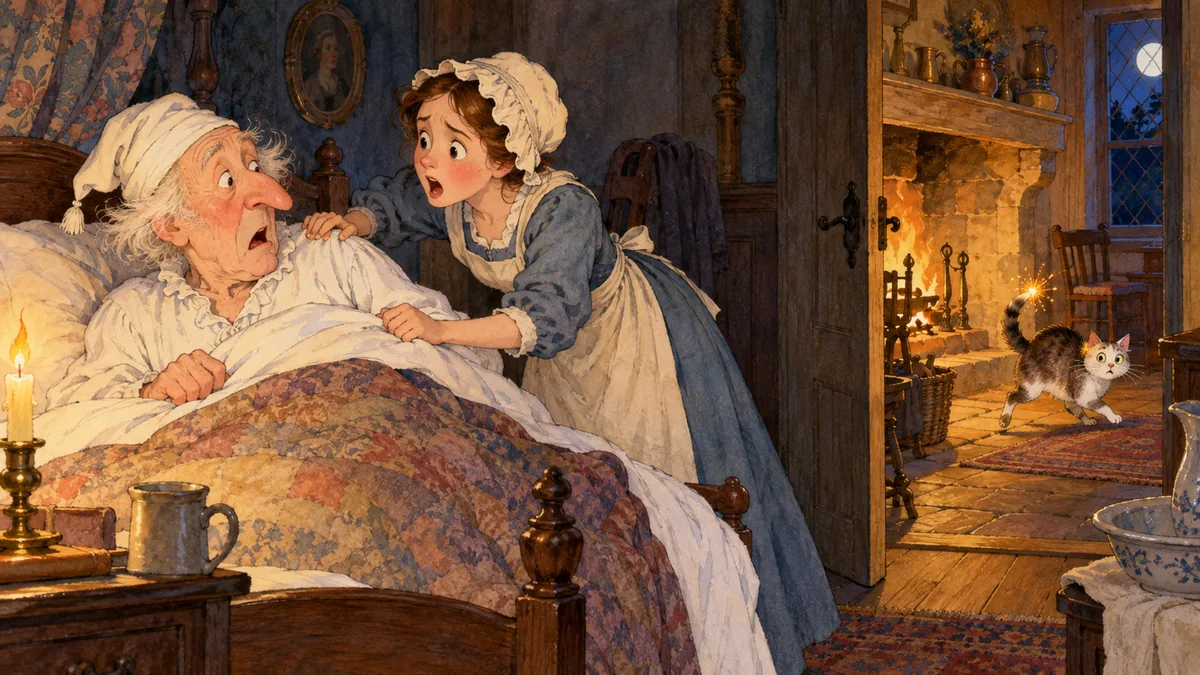 A frightened maid shakes her nightcapped master awake in bed as a cat with a fiery spark on its tail bolts from the hearth.