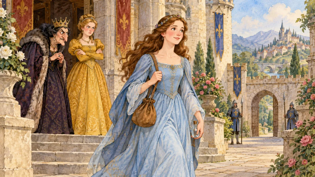 The kind princess sets out to seek her fortune while the envious queen and her daughter watch.
