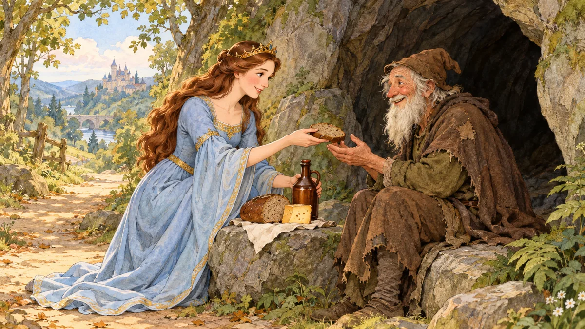 The princess kindly shares her bread and beer with the old man at the cave.