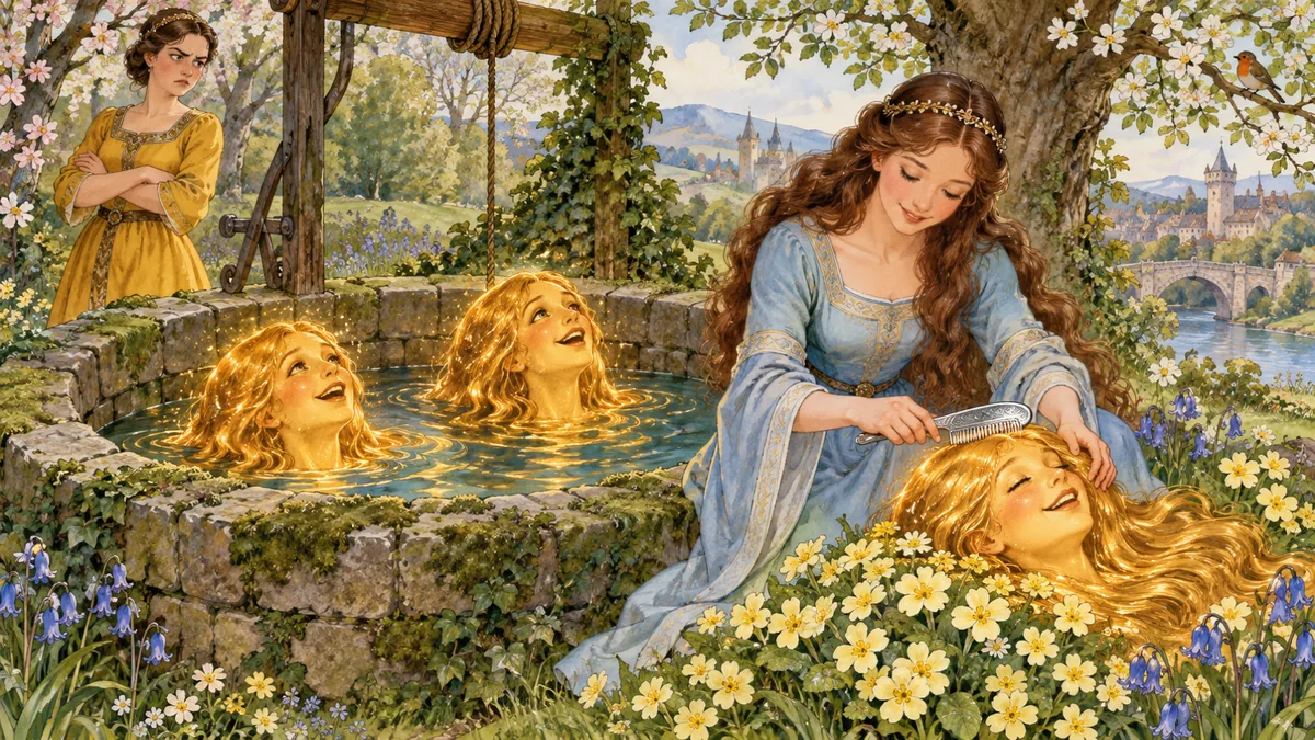 The princess gently combs the three singing golden heads at the well.