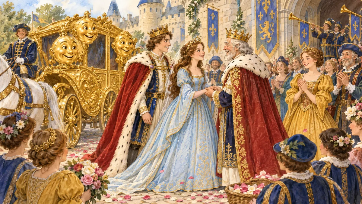 The princess returns as a queen in a golden chariot to her father's court.