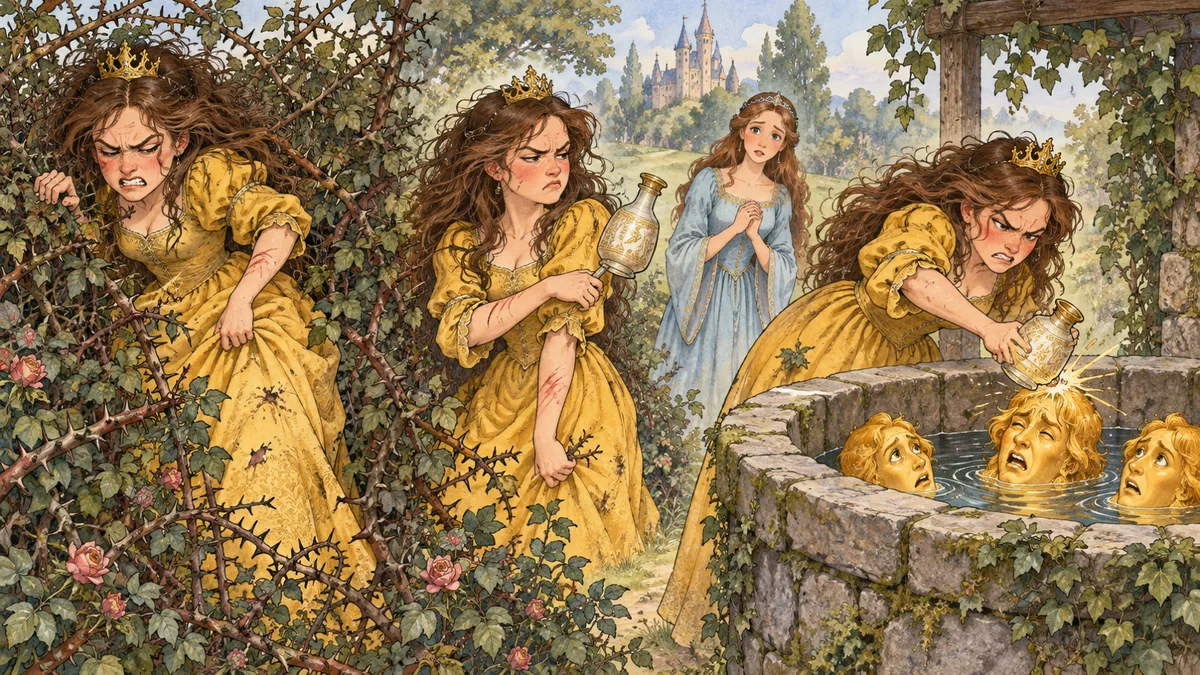 The rude sister, scratched by thorns, crossly bangs the golden heads with her bottle.