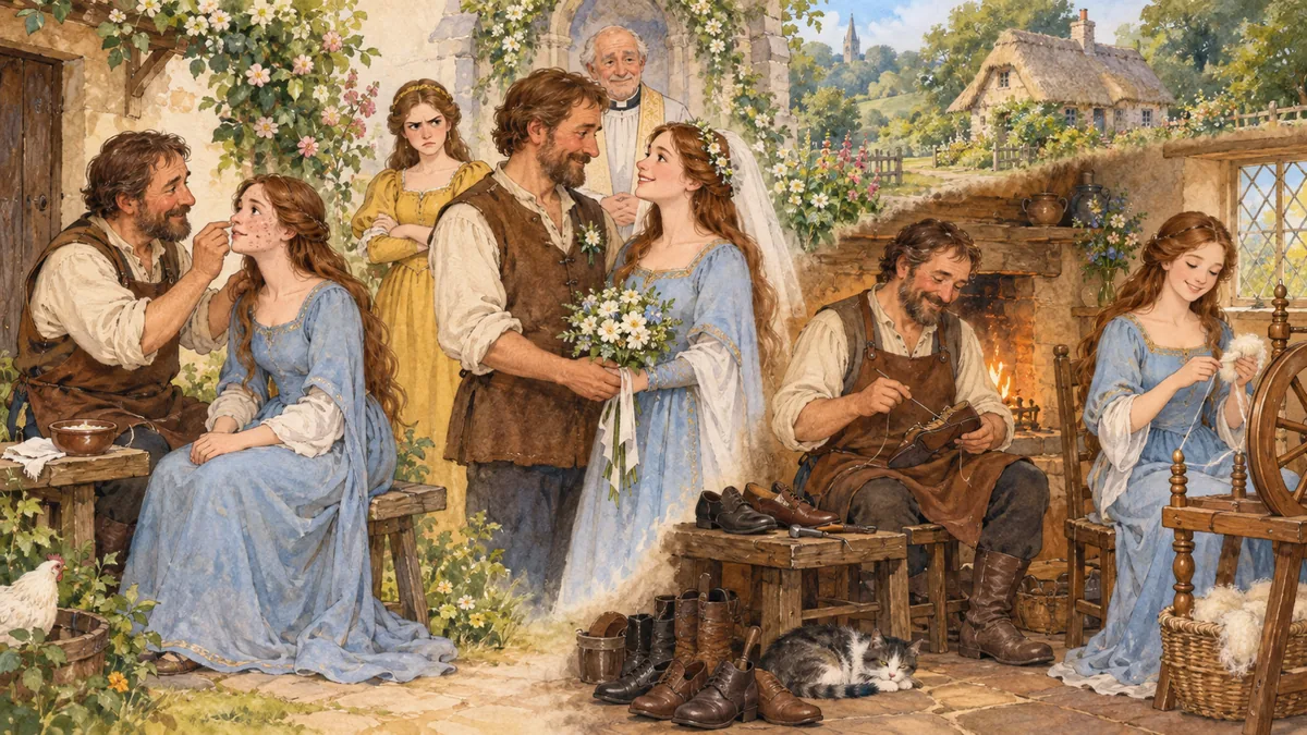 The kindly cobbler cures and marries the sister, and they live simply mending and spinning.