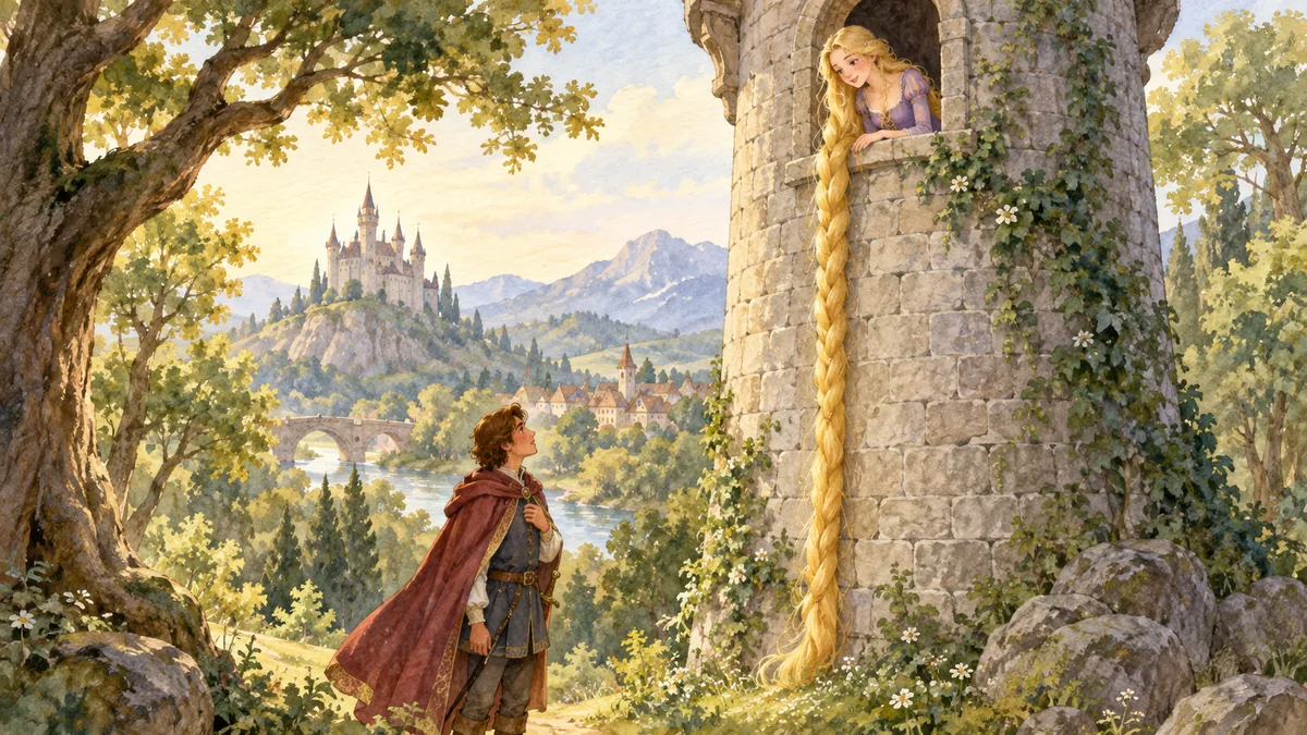 Ein langhaariges Mädchen lehnt sich aus einem hohen Waldturm und lässt ihren goldenen Zopf zu einem wartenden Prinzen hinab.