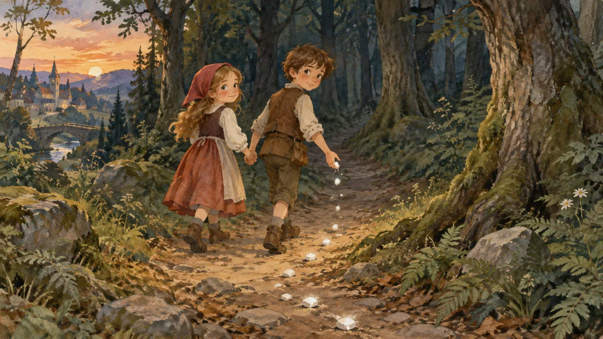 Ein kleiner Bruder und seine Schwester gehen Hand in Hand in einen dunklen Wald und lassen weiße Kieselsteine auf den Weg hinter sich fallen.