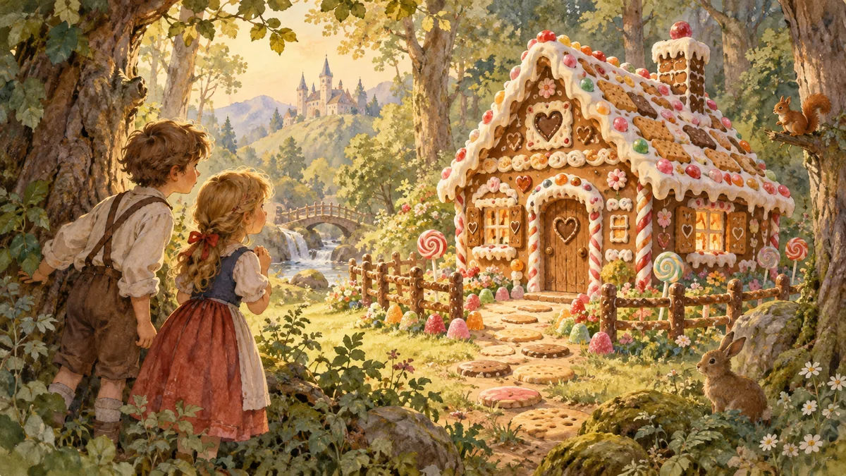 Zwei Kinder stehen staunend vor einem Häuschen aus Lebkuchen und bunten Zuckersüßigkeiten im Wald.