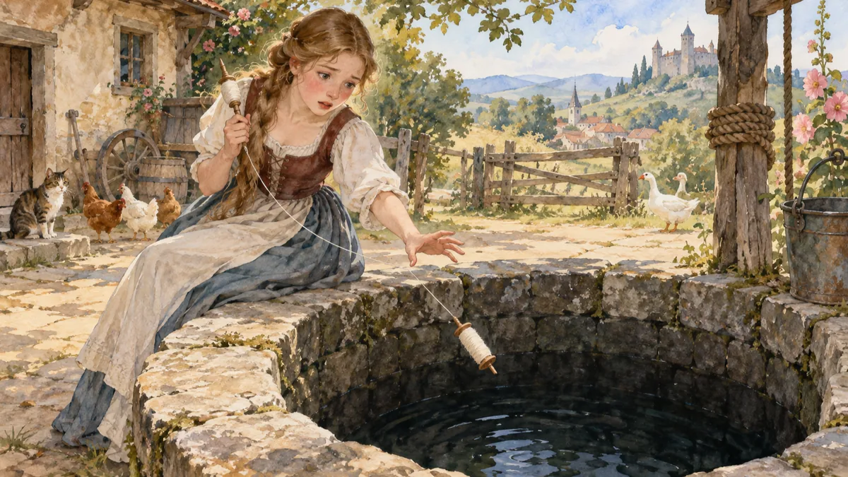 Ein Mädchen sitzt spinnend an einem alten Steinbrunnen, während ihre Spule zum Wasser hinabgleitet.
