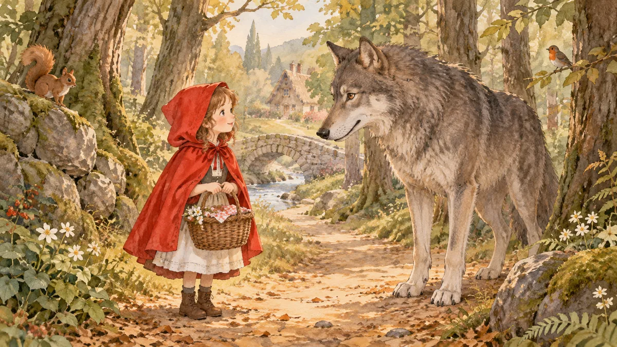 Ein kleines Mädchen in einem roten Kapuzenumhang mit einem Korb begegnet einem grauen Wolf auf einem Waldweg.
