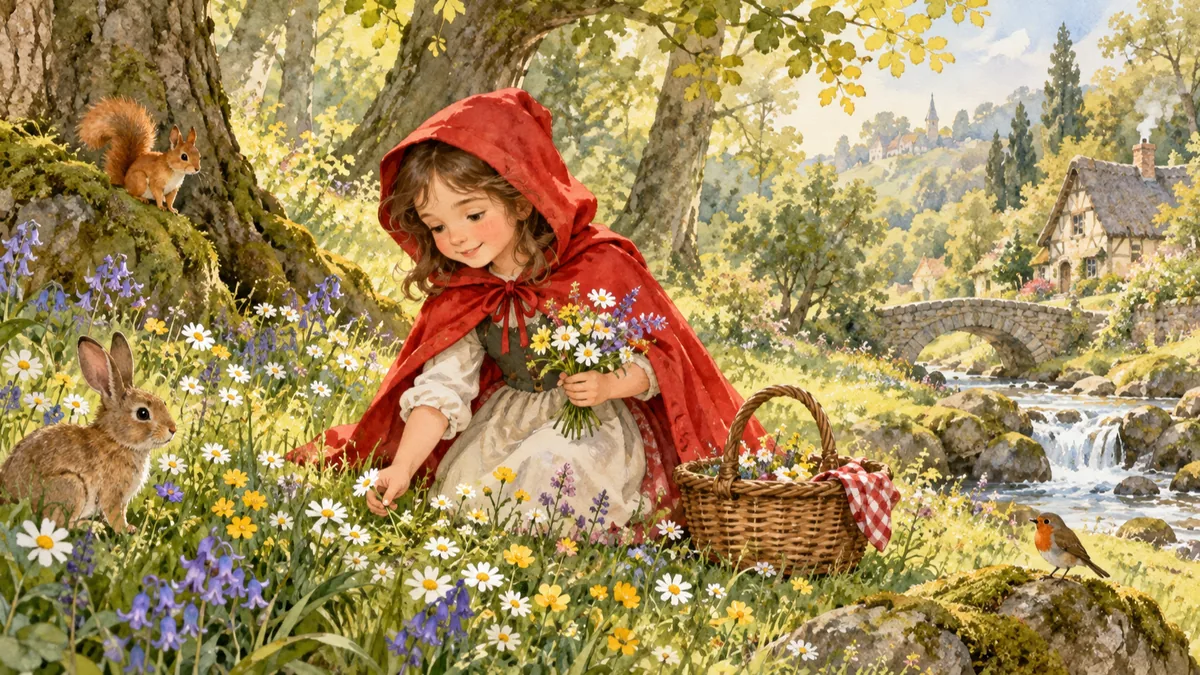 Das Mädchen im roten Kapuzenumhang pflückt Wildblumen auf einer sonnigen Waldlichtung.