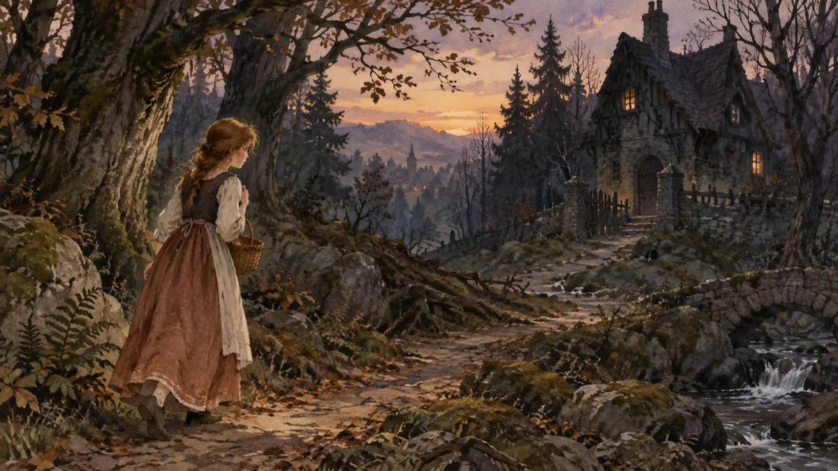 Eine junge Frau geht zögernd über einen schattigen Waldweg auf ein einsames dunkles Haus zwischen den Bäumen zu.