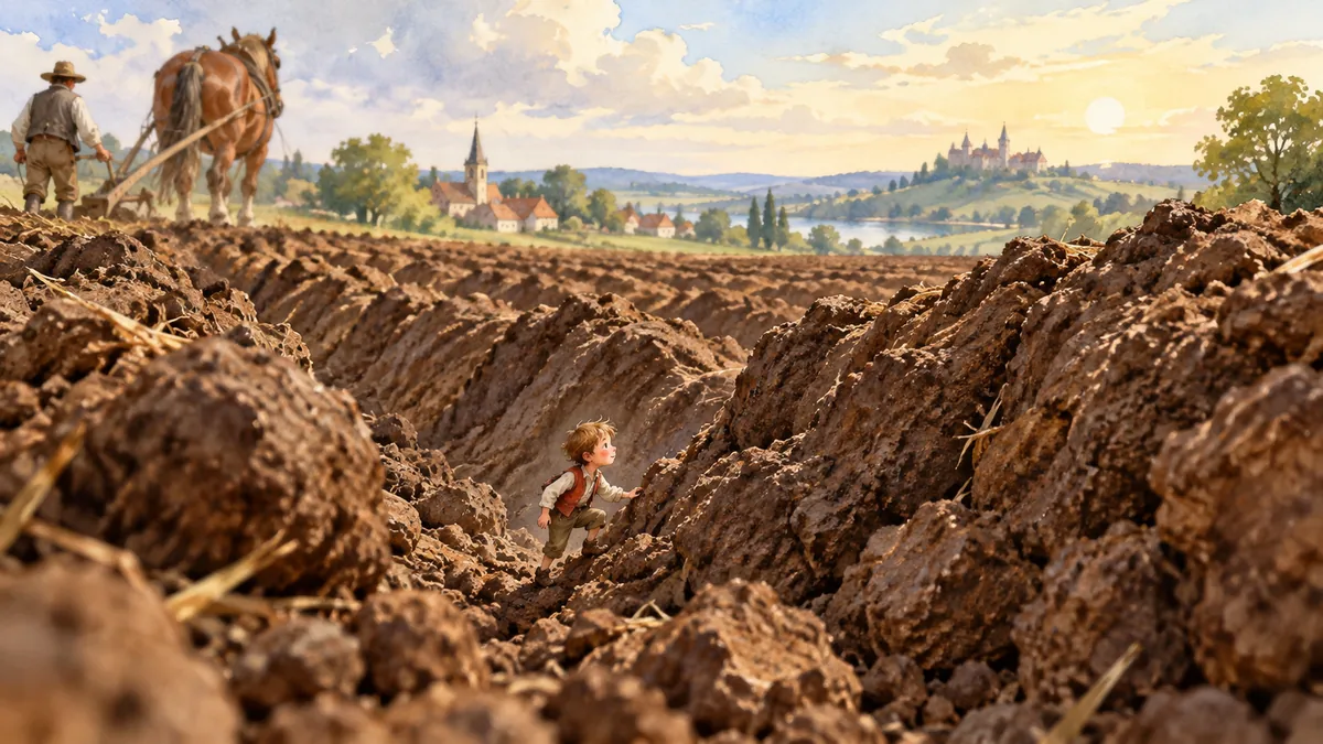 Der winzige, daumengroße Junge bahnt sich seinen Weg über ein weites gepflügtes Feld mit hoch aufragenden Erdfurchen.