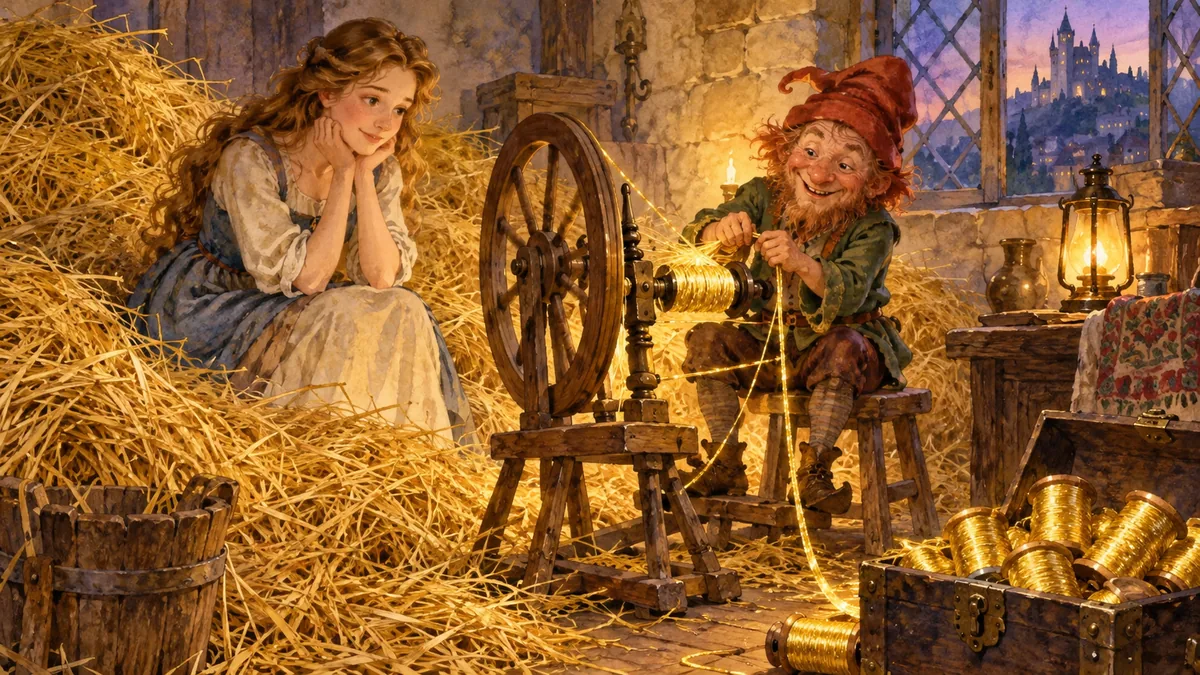 Un omino fila la paglia trasformandola in filo d'oro splendente a un arcolaio mentre una giovane donna osserva.