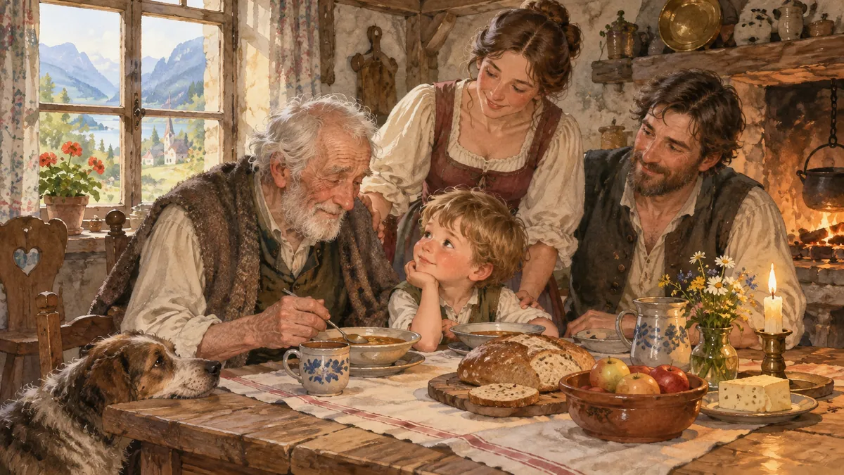 Un nonno fragile siede al tavolo di famiglia mentre il suo piccolo nipote lo osserva con tenerezza.