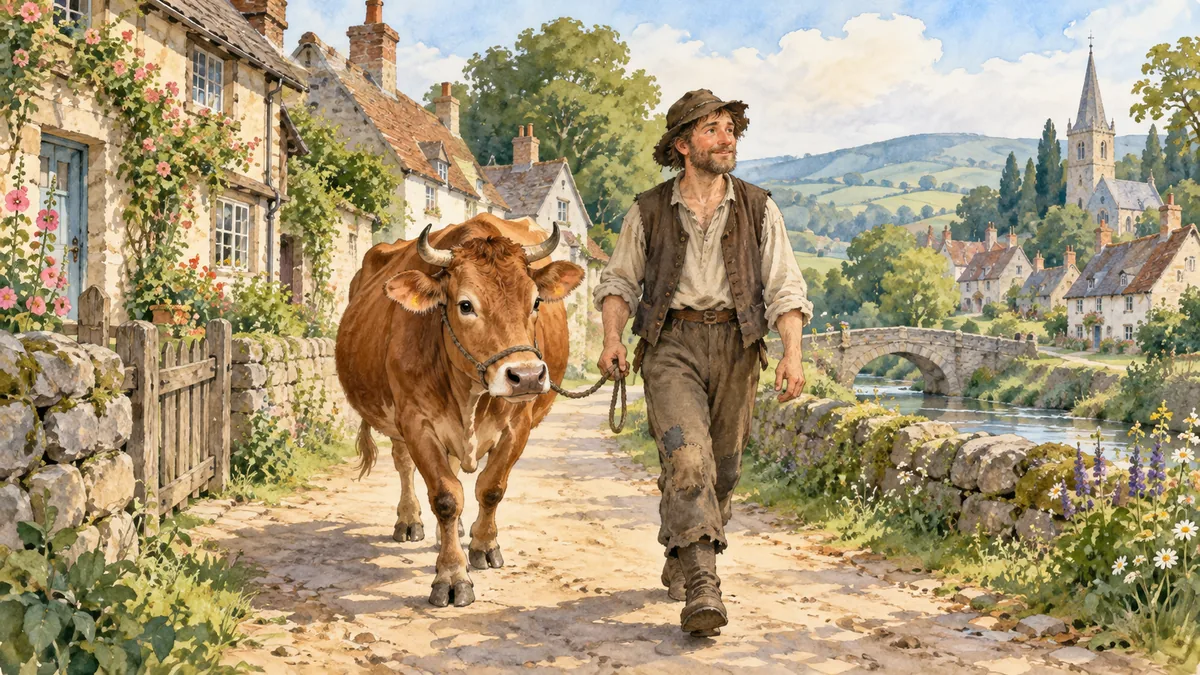 Un povero contadino conduce una sola mucca bruna lungo una stradina di paese.