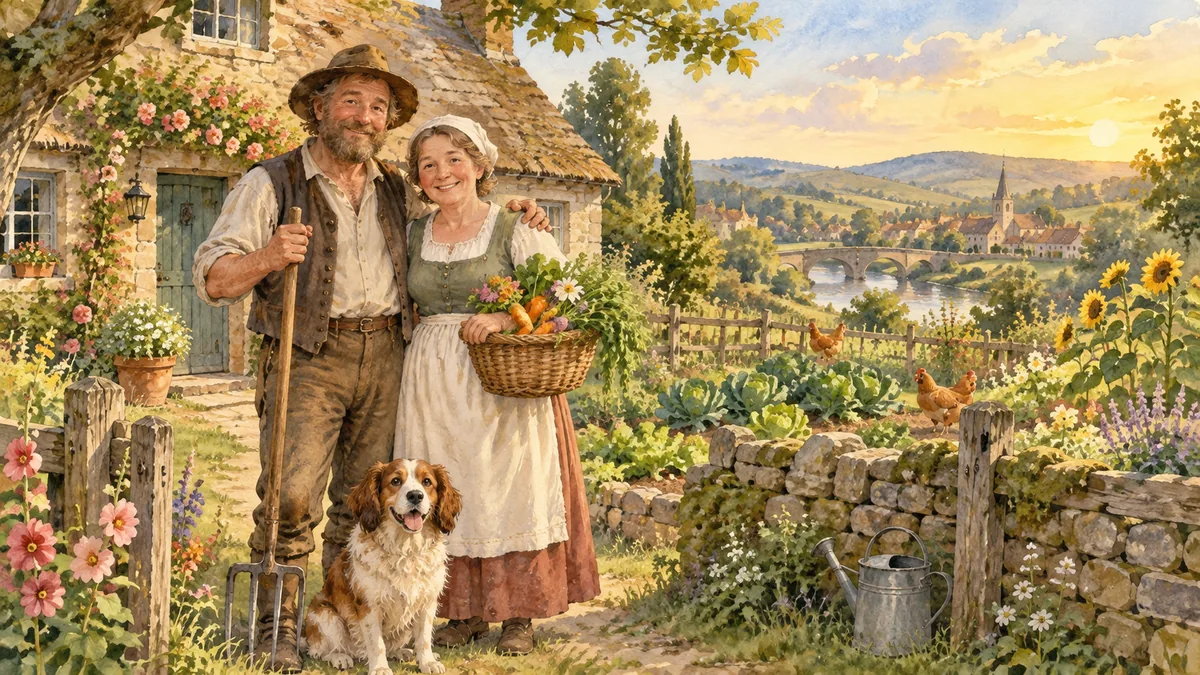 Ein gutmütiger Bauer und seine Frau stehen zusammen vor ihrem kleinen Landhäuschen.