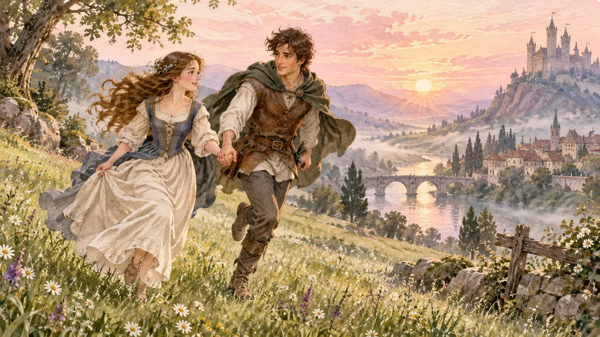 Eine junge Maid und ihr Liebster Roland fliehen im Morgengrauen Hand in Hand über eine taunasse Wiese.