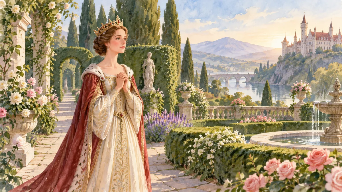 Una regina gentile passeggia con desiderio in un bel giardino reale.