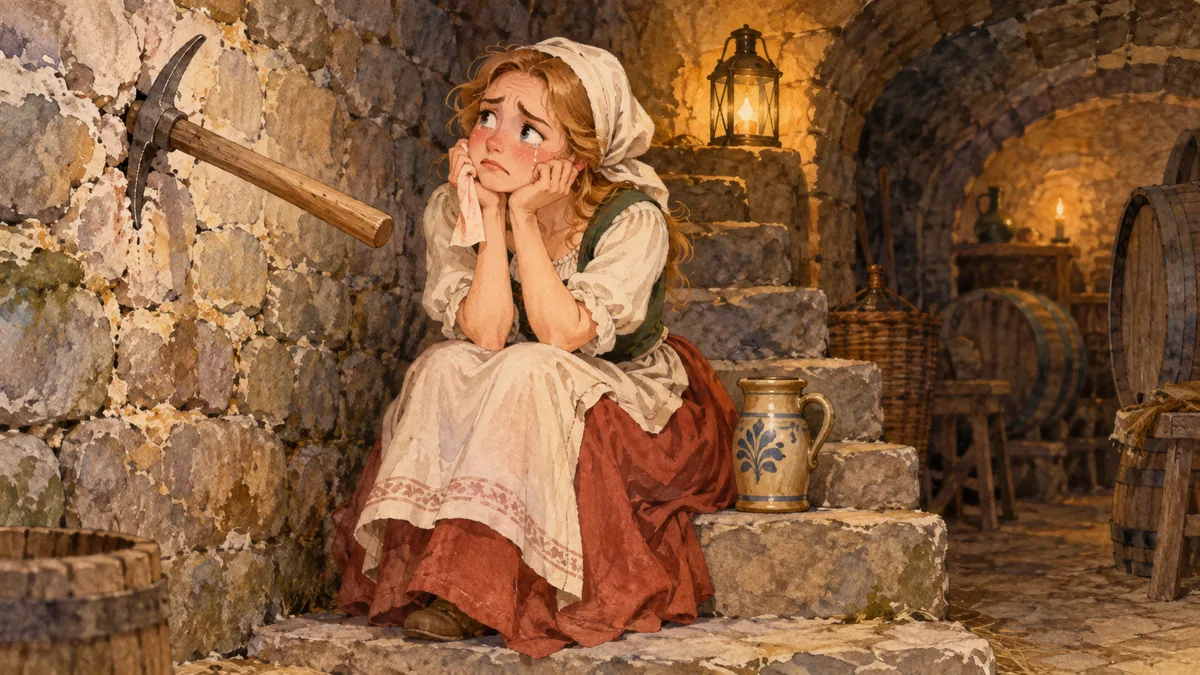Eine junge Frau weint auf der Kellertreppe über einer in der Wand steckenden Spitzhacke.