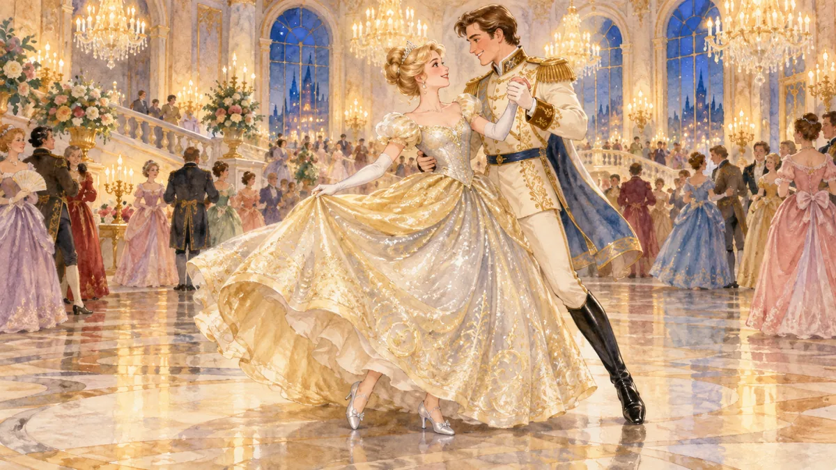 La ragazza, ora con un abito scintillante d'oro e d'argento, danza con un giovane principe a un grande ballo.