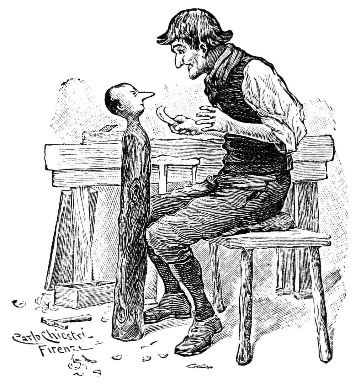Geppetto sitzt auf einem Schemel an der Hobelbank und starrt auf den halb geschnitzten Hampelmann, unten noch ein Klotz, oben schon mit Kopf und langer Nase.