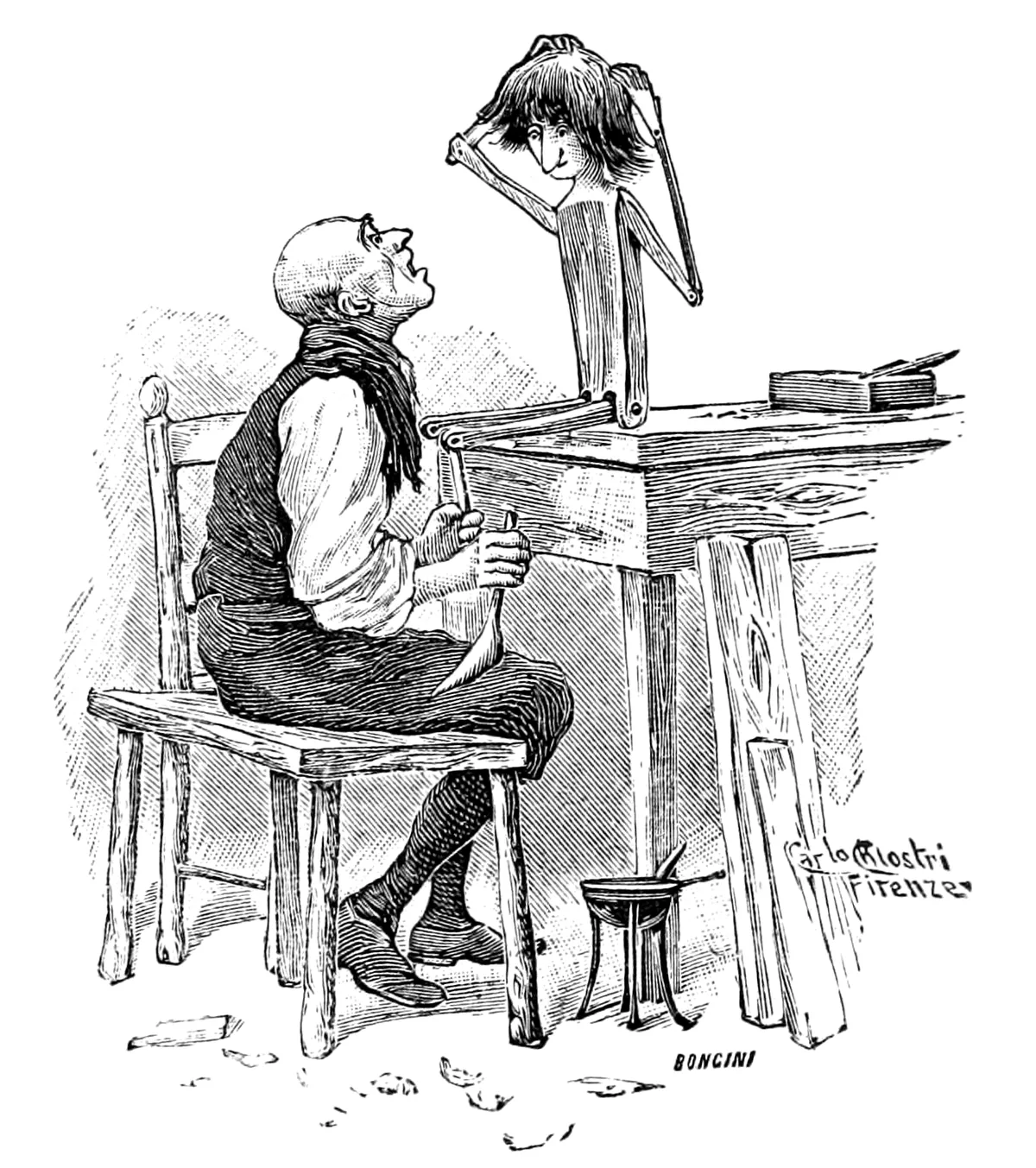 Der kahlköpfige Geppetto sitzt mit dem Meißel in der Hand an der Hobelbank und blickt zu Pinocchio auf, der auf der Bank steht und sich die Perücke über den Kopf zieht.
