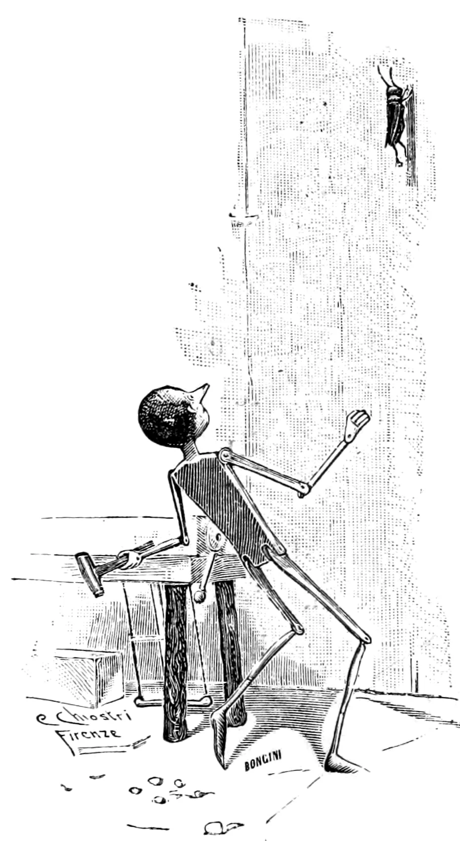 Pinocchio steht mit noch erhobenem Arm neben der Hobelbank und blickt zur Sprechenden Grille hinauf, die hoch oben an der Wand hängt.