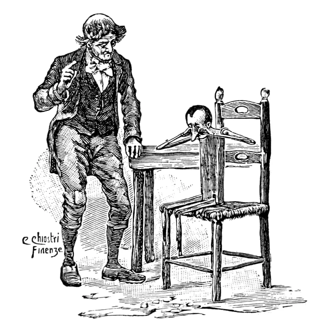 Geppetto steht mit erhobener Hand am Tisch und blickt auf den fußlosen Pinocchio, der quer auf dem Tisch liegt, den Kopf an eine Stuhllehne gestützt.