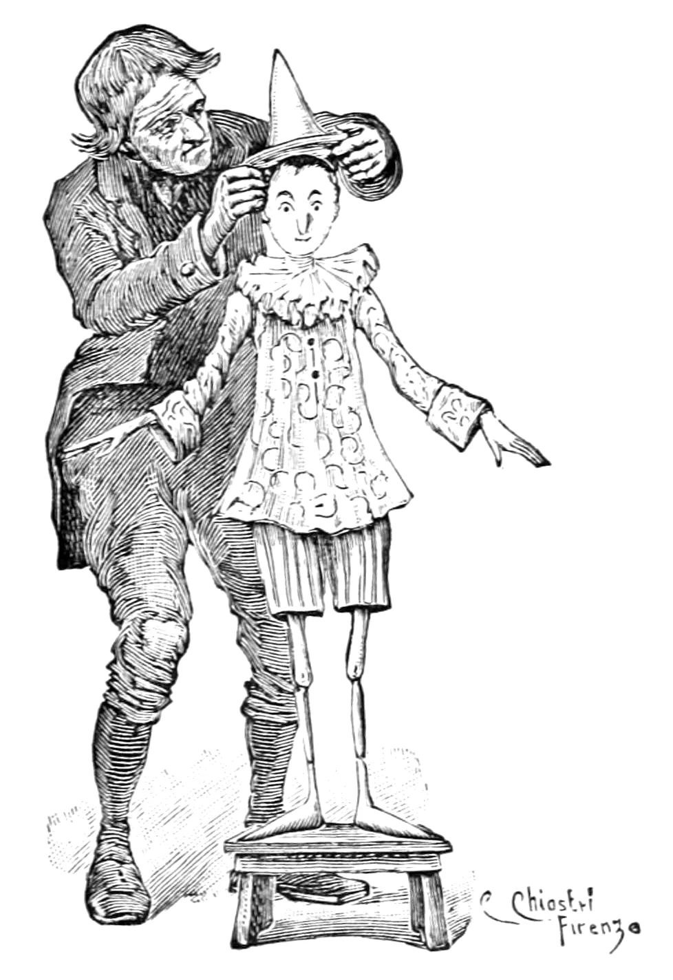 Geppetto setzt Pinocchio eine hohe Spitzmütze auf; der Hampelmann steht auf einem Schemel, in einem geblümten Anzug mit großer Halskrause.