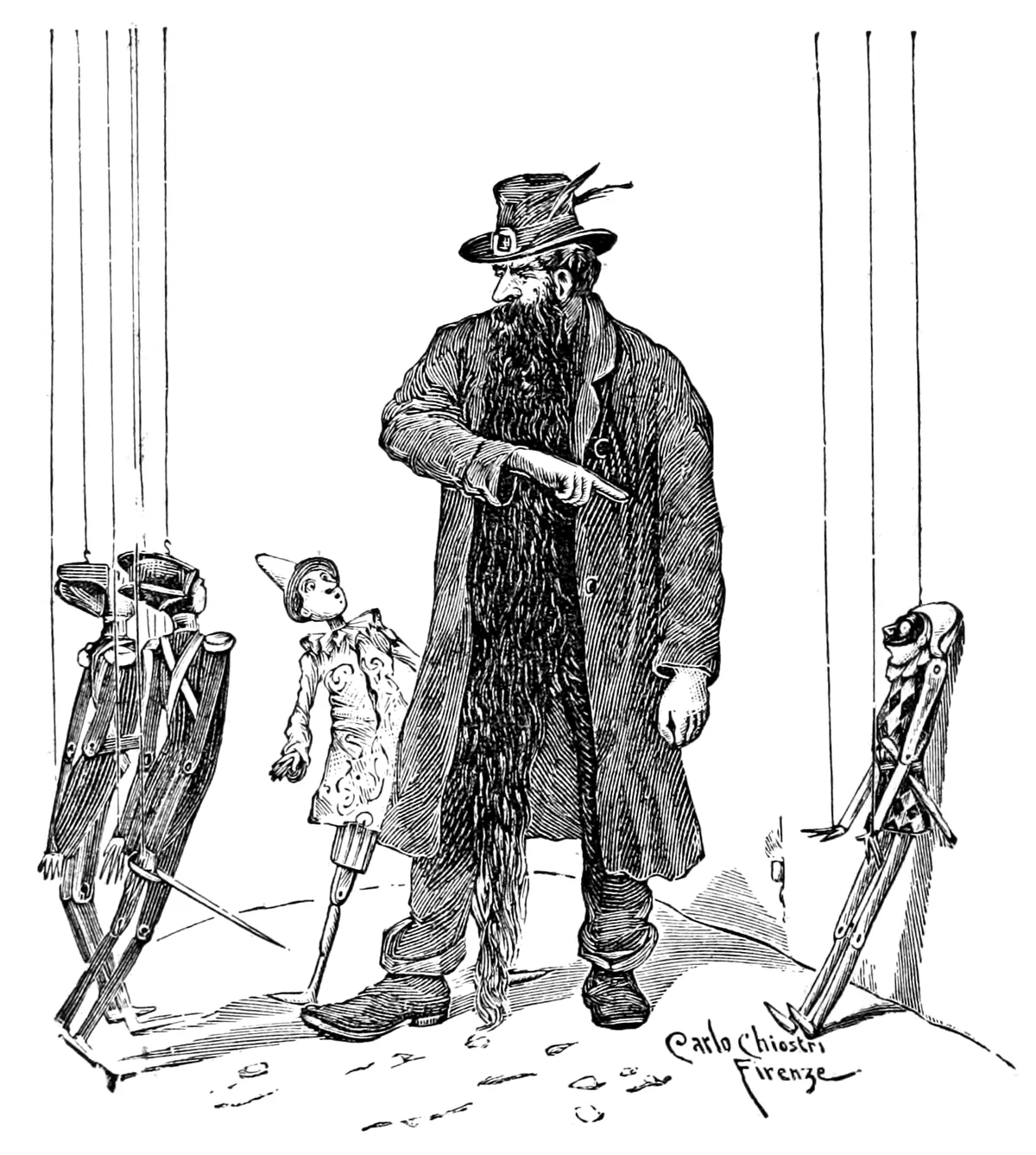 Feuerfresser, mit Federhut und einem Bart bis zu den Füßen, zeigt streng zur Seite, während Pinocchio mit seiner Spitzmütze zwischen an Fäden baumelnden Hampelmännern neben ihm steht.
