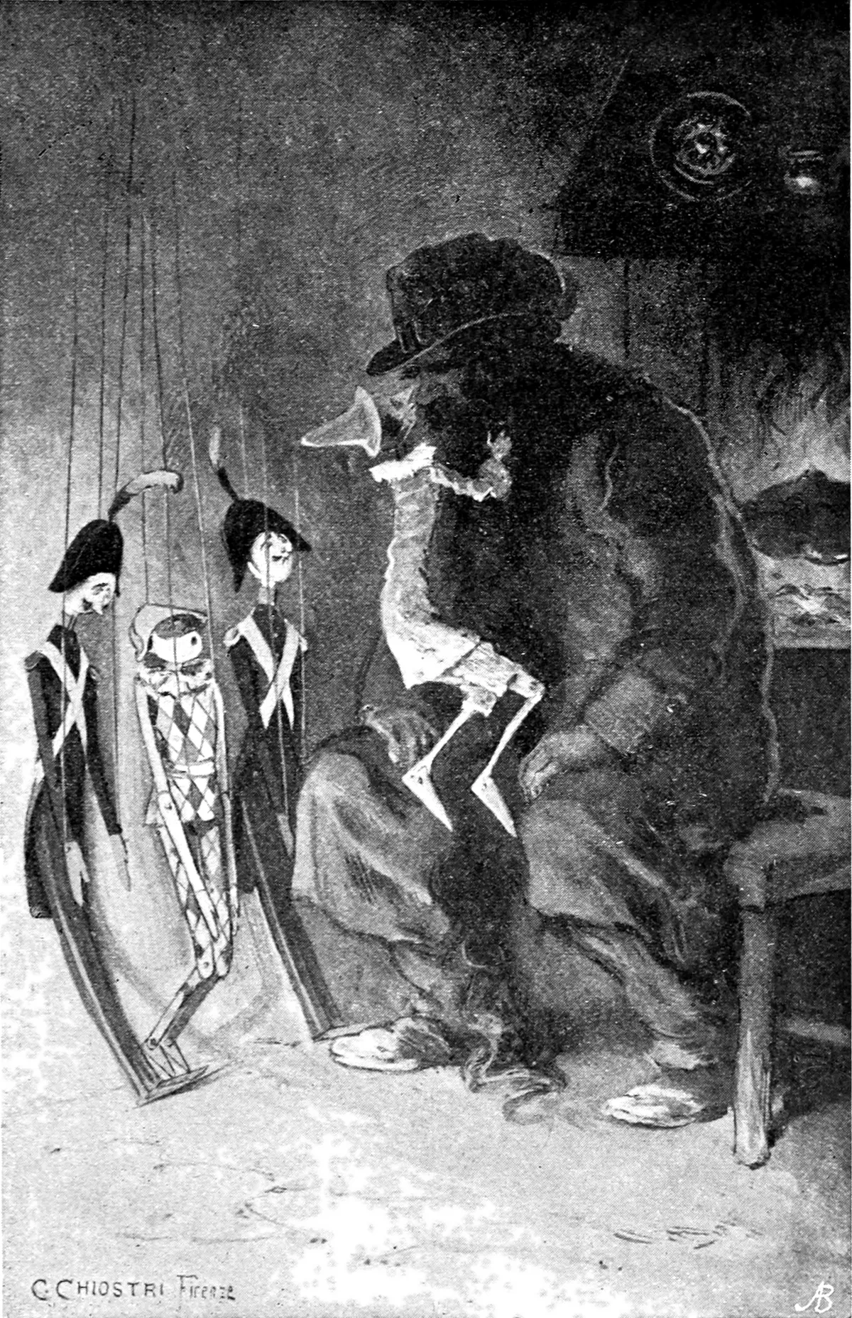Pinocchio sitzt auf dem Bart des Feuerfressers, der am Feuer hockt, und küsst ihn auf die Nasenspitze, während drei an Fäden hängende Hampelmänner zusehen.