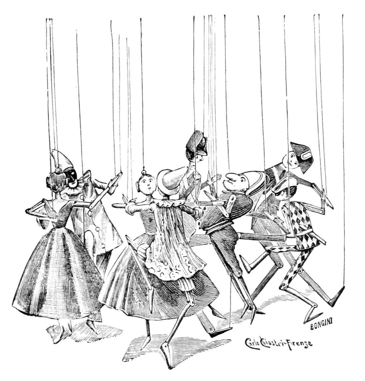 Die Hampelmänner tanzen an ihren Fäden im Kreis und halten sich an den Händen: Damen in Krinolinen, Harlekin im Rautenkostüm und Pinocchio mit seiner Spitzmütze.
