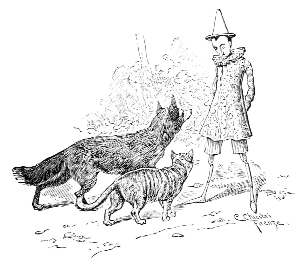 La Volpe e il Gatto, a passo felpato lungo la strada, si avvicinano a Pinocchio, che li aspetta ritto con le mani dietro la schiena.