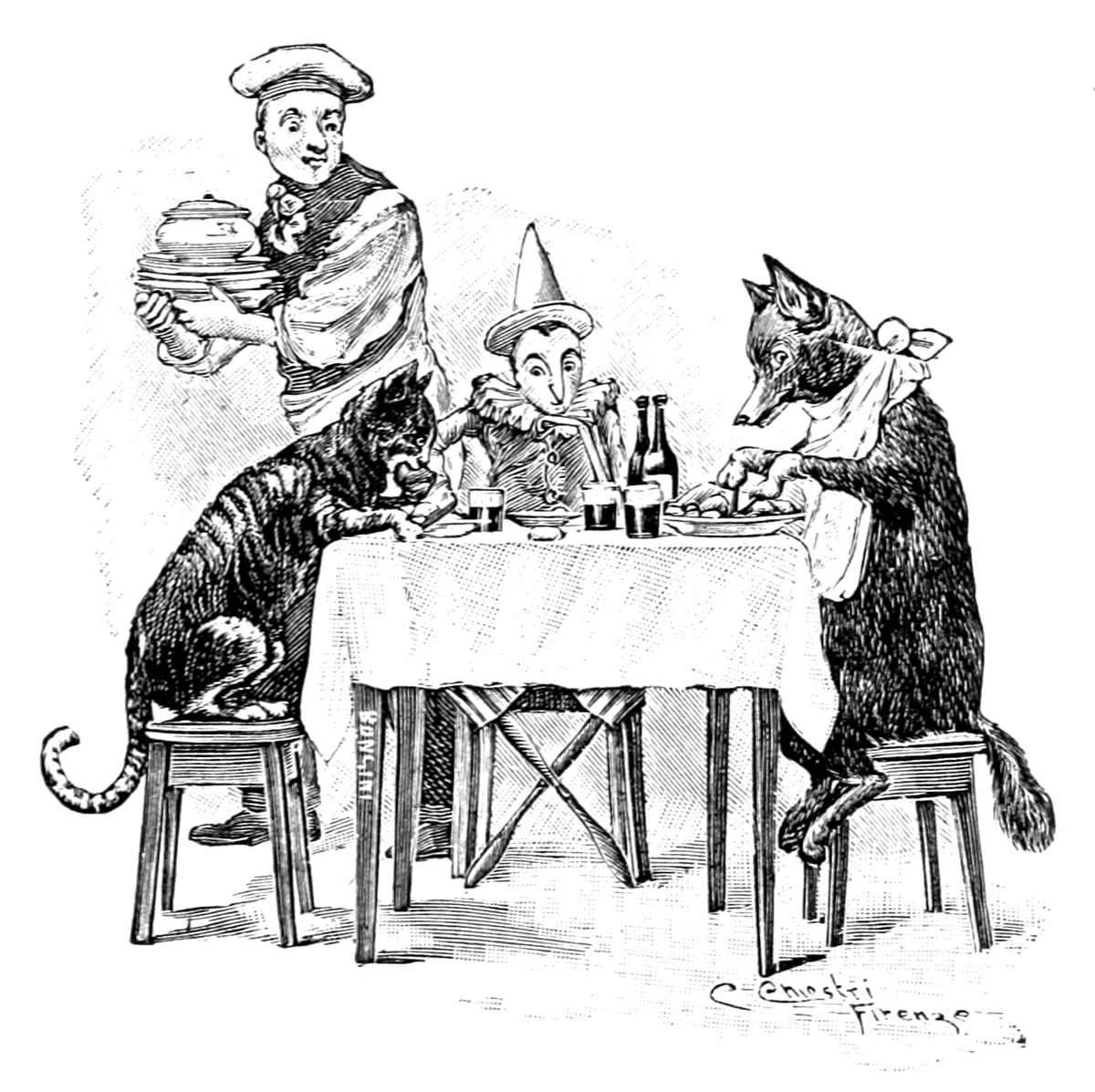 Il Gatto, Pinocchio e la Volpe, col tovagliolo al collo, siedono a tavola all'osteria, mentre l'oste porta una pila di piatti con una zuppiera.