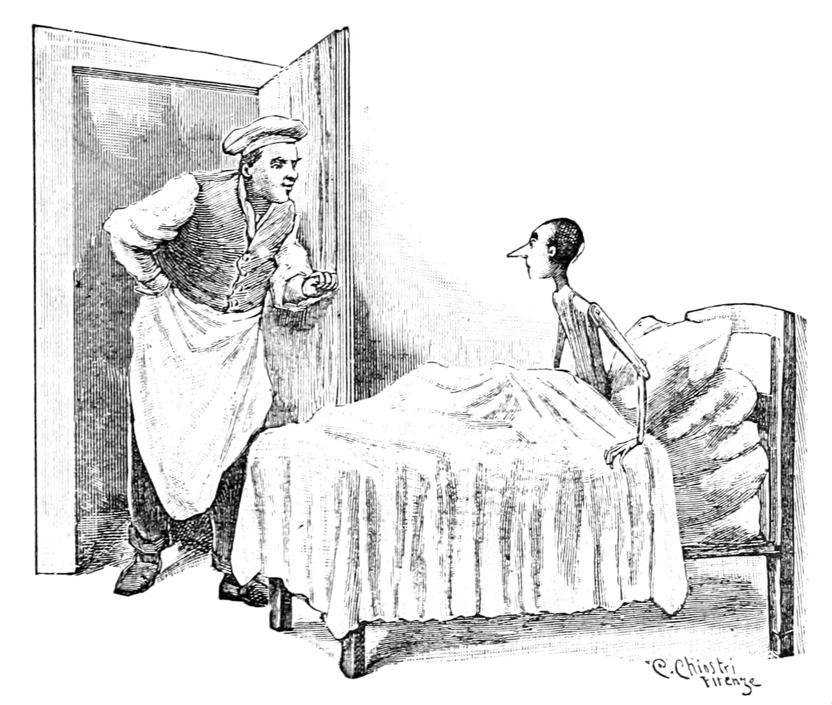 L'oste, col berretto e il grembiule, si affaccia alla porta della camera e parla a Pinocchio, che si è tirato su a sedere nel letto.