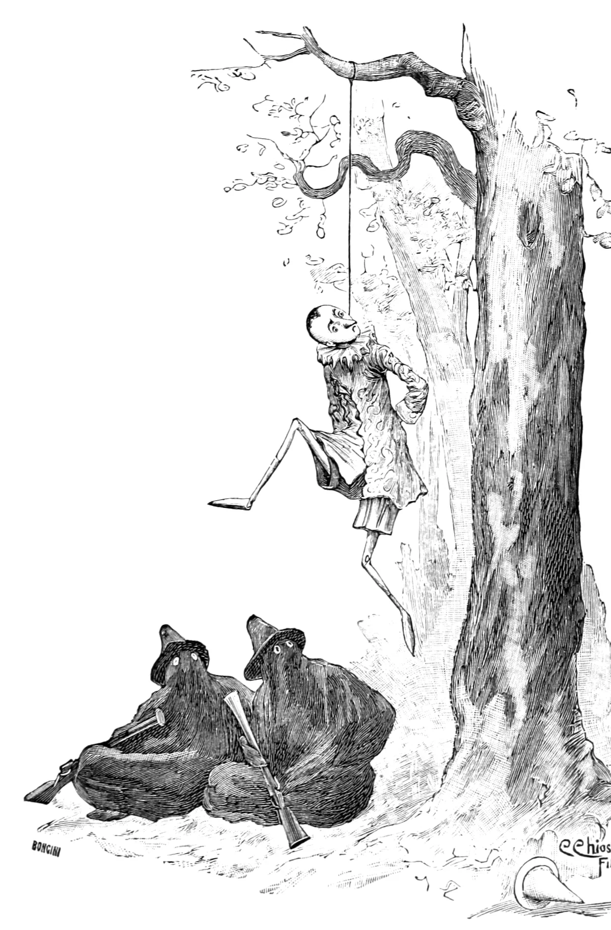 Pinocchio pende impiccato a un ramo della Quercia grande, mentre i due assassini incappucciati, coi fucili, siedono ai piedi dell'albero.