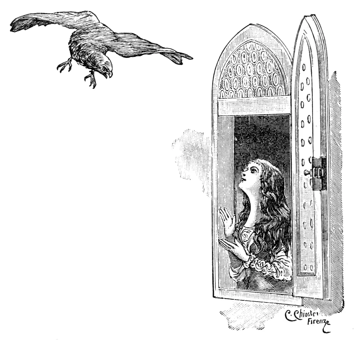 Ein großer Falke fliegt auf ein Bogenfenster zu, aus dem die Fee mit langem, offenem Haar und erhobenen Händen hinaufblickt.