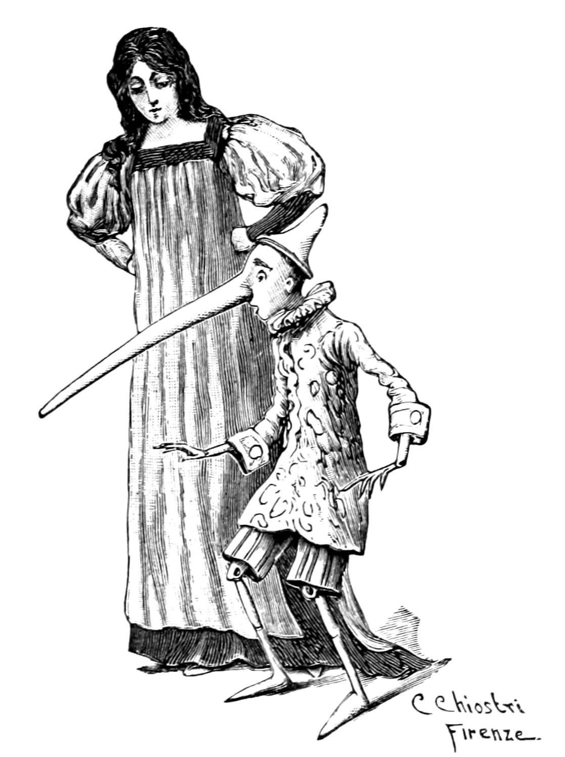 Pinocchio, col berretto a punta e la gorgiera, sta accanto alla Fata con un naso lunghissimo che si allunga molto davanti a lui.