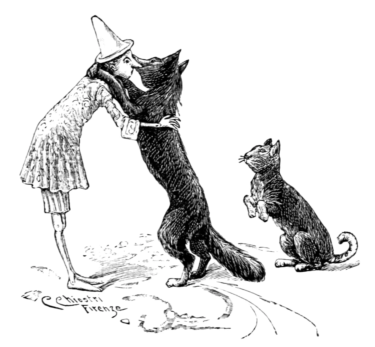 Der Fuchs umarmt, auf den Hinterbeinen stehend, den sich vorbeugenden Pinocchio, während der Kater in der Nähe sitzt und die Vorderpfoten hebt.