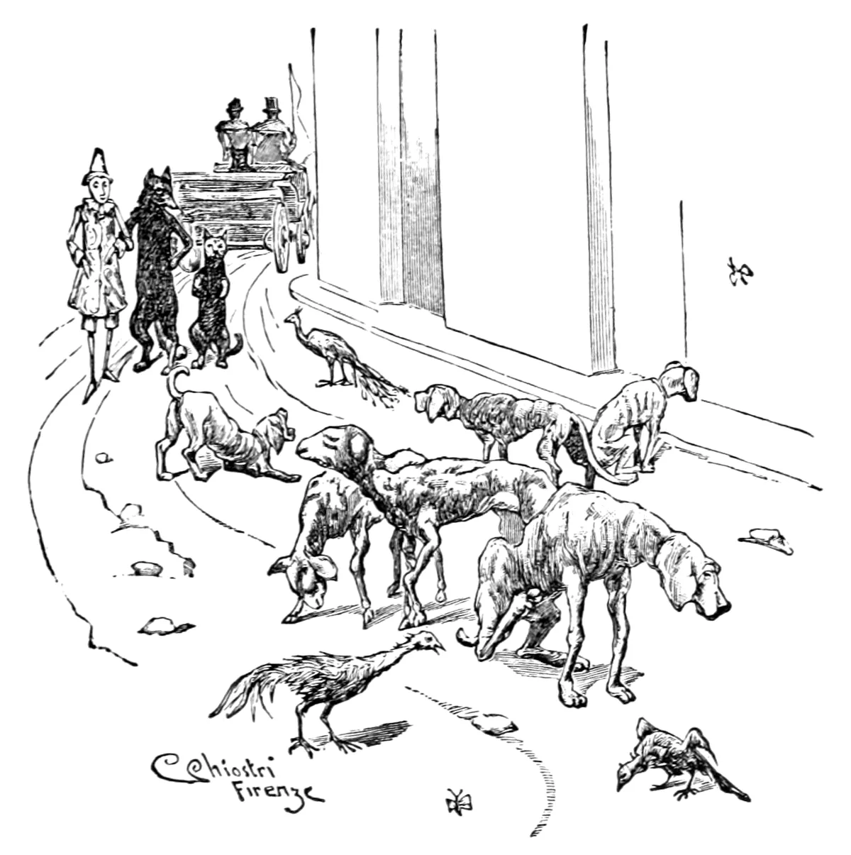 Pinocchio, der Fuchs und der Kater gehen durch eine Straße in Dummenfang voller magerer Hunde, geschorener Schafe und schwanzloser Vögel, während hinter ihnen eine Kutsche vorbeifährt.