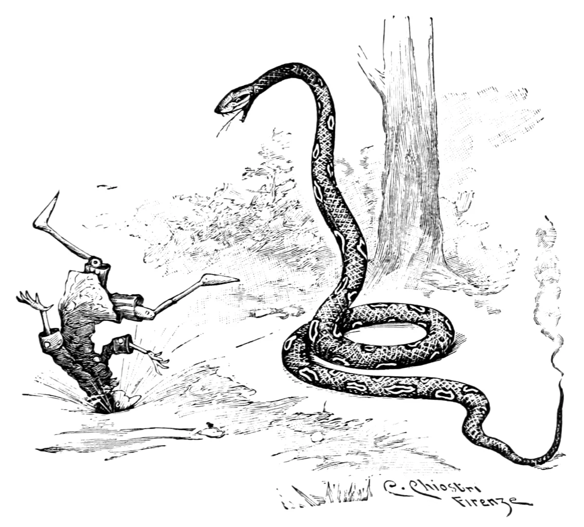 Pinocchio è caduto a capofitto nel fango della strada e scalcia con le gambe all'aria, mentre accanto a un albero si erge un enorme Serpente attorcigliato, con la coda che fuma.