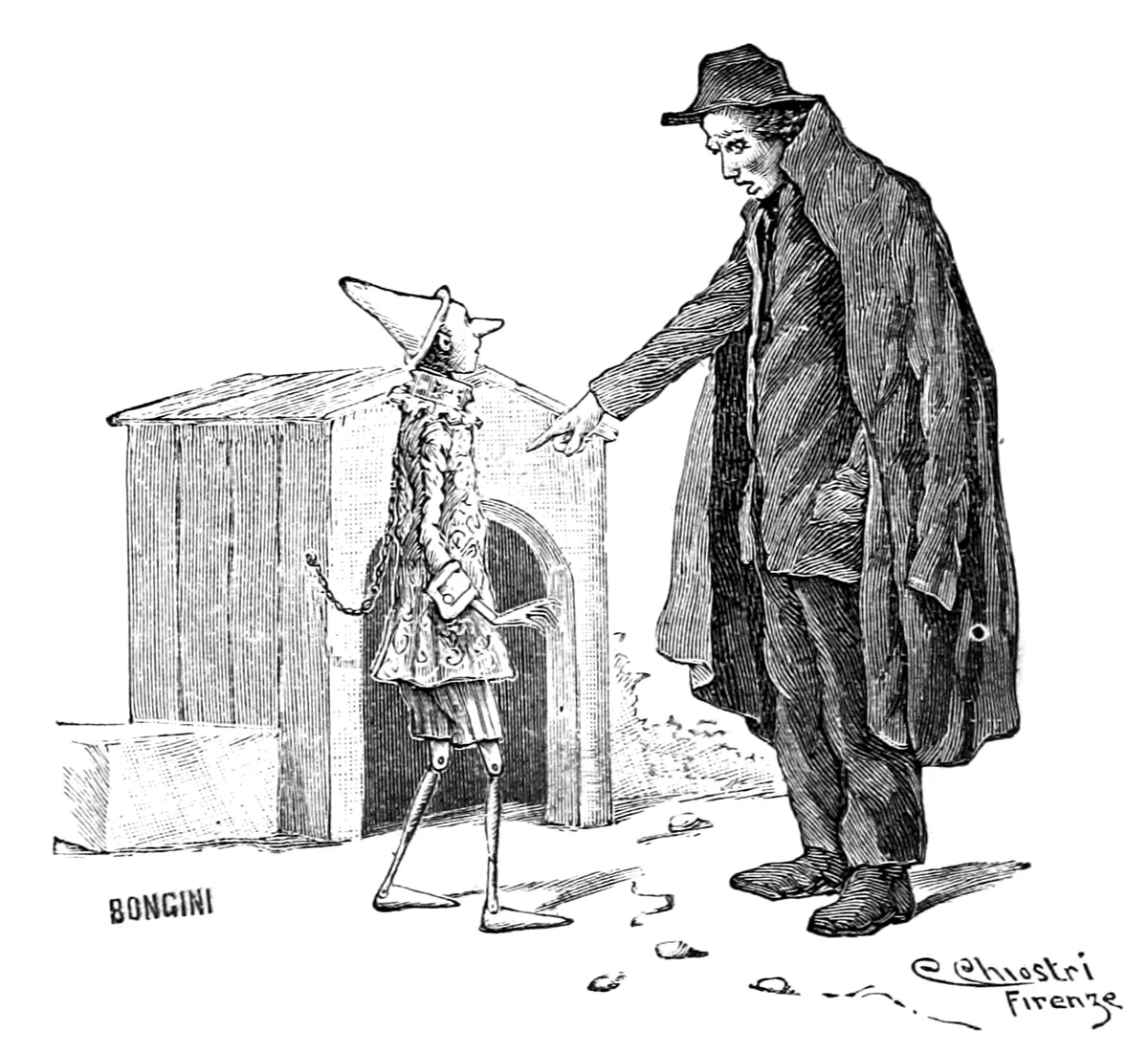 Der Bauer mit Hut, einen Mantel über die Schultern gehängt, zeigt auf eine hölzerne Hundehütte, vor der Pinocchio mit einer Kette um den Hals steht.