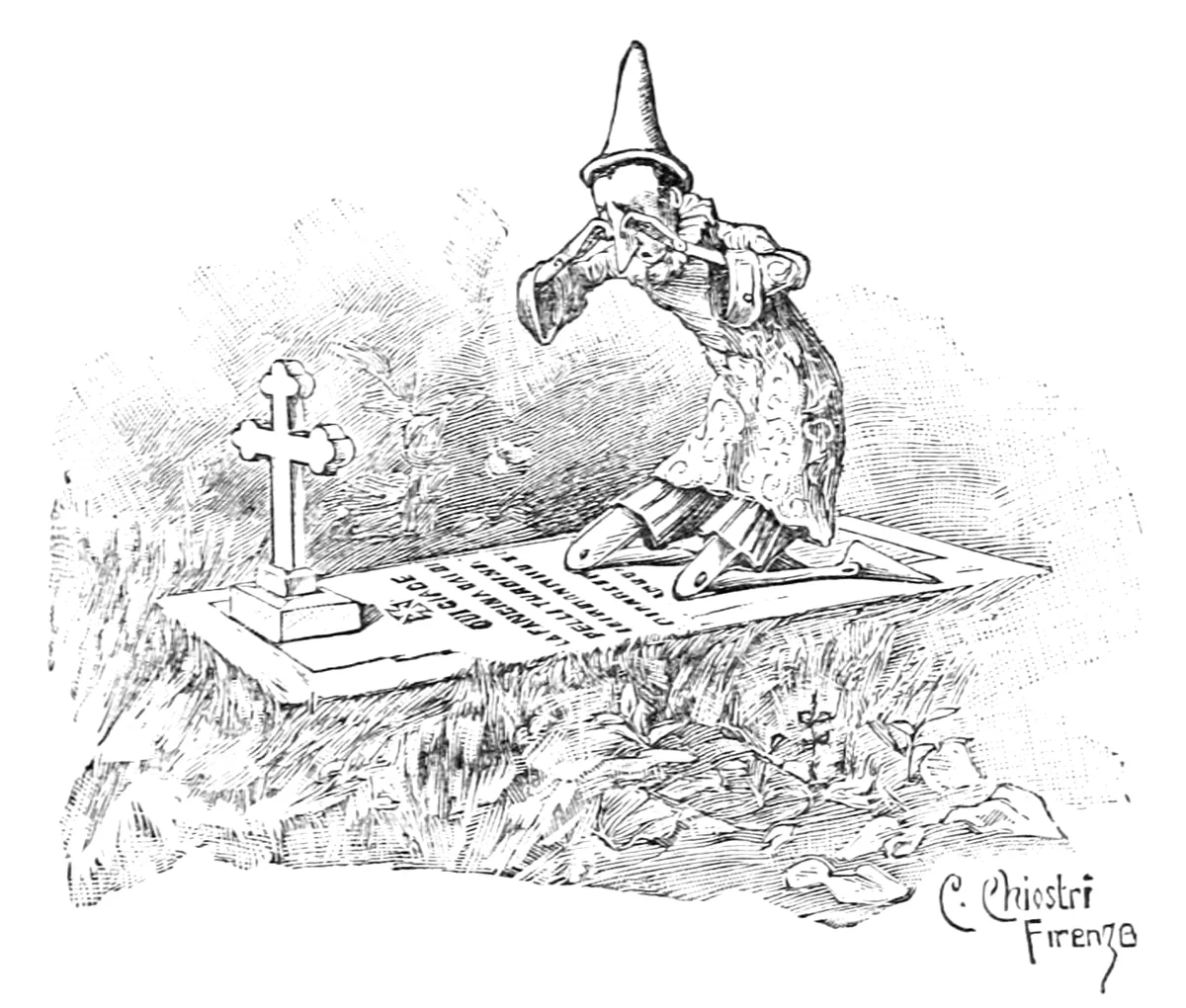 Pinocchio kniet auf einer Grabplatte neben einem kleinen Kreuz im Gras und weint, die Hände vors Gesicht geschlagen.