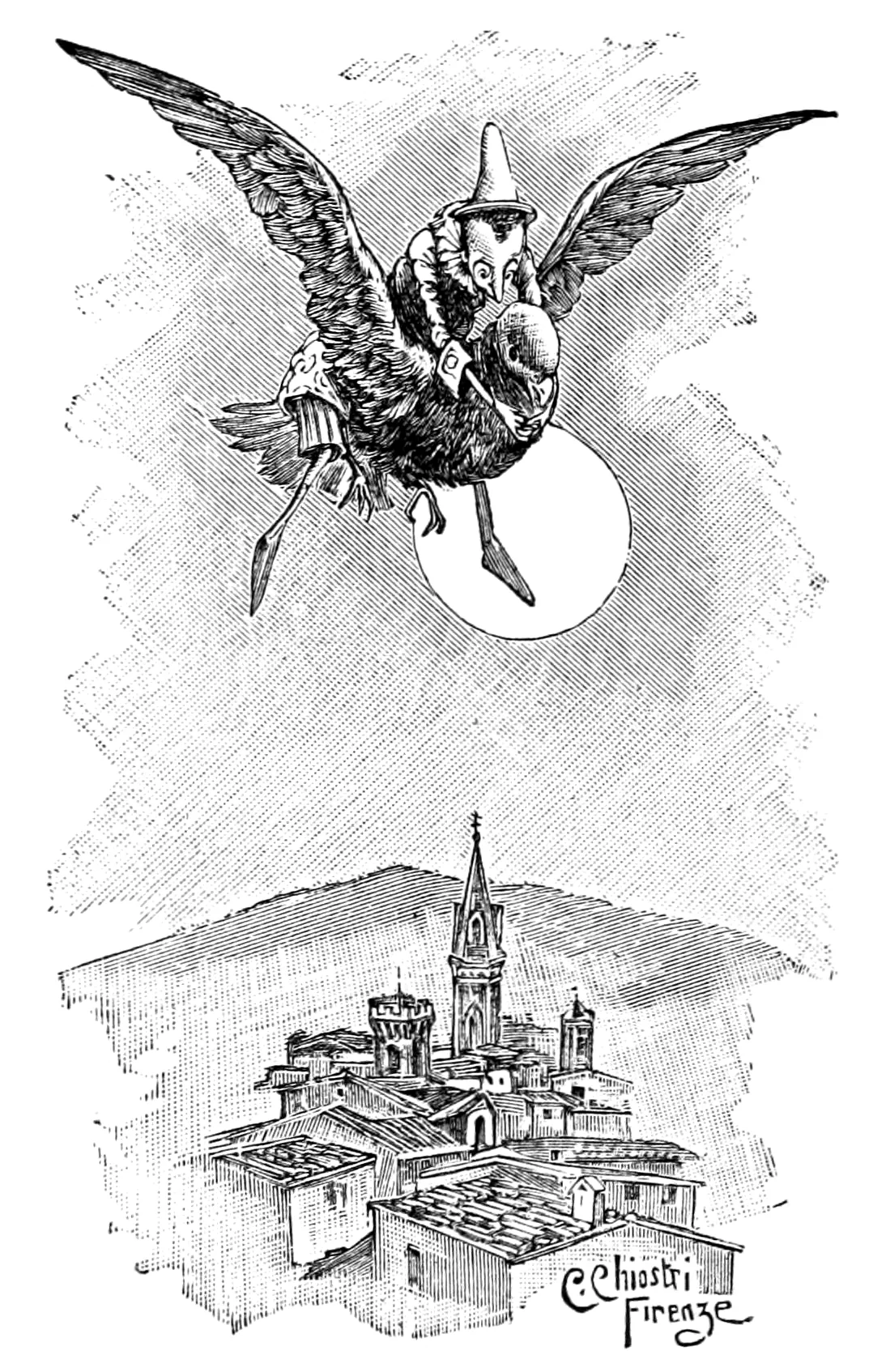 Pinocchio sitzt rittlings auf der Taube und klammert sich an ihren Hals, während sie vor dem Vollmond hoch über einer Hügelstadt mit Kirchturm fliegt.