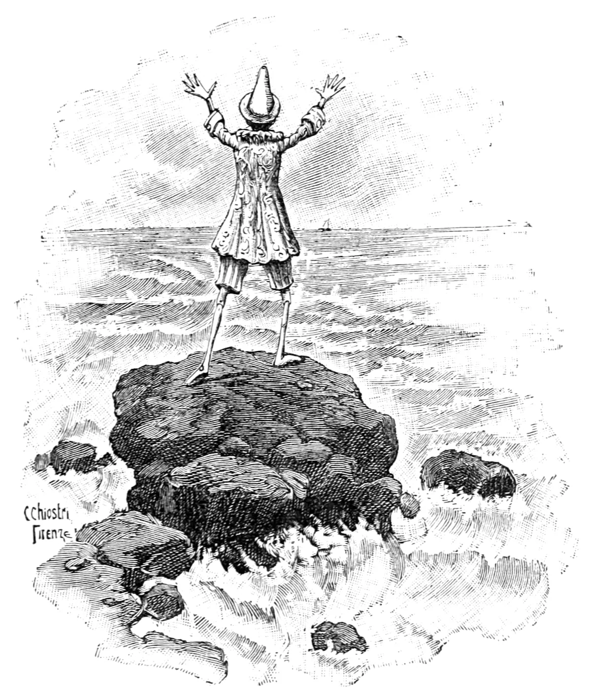 Von hinten gesehen steht Pinocchio auf einem großen Felsen inmitten schäumender Wellen und reckt beide Arme einem winzigen Boot weit draußen am Horizont entgegen.