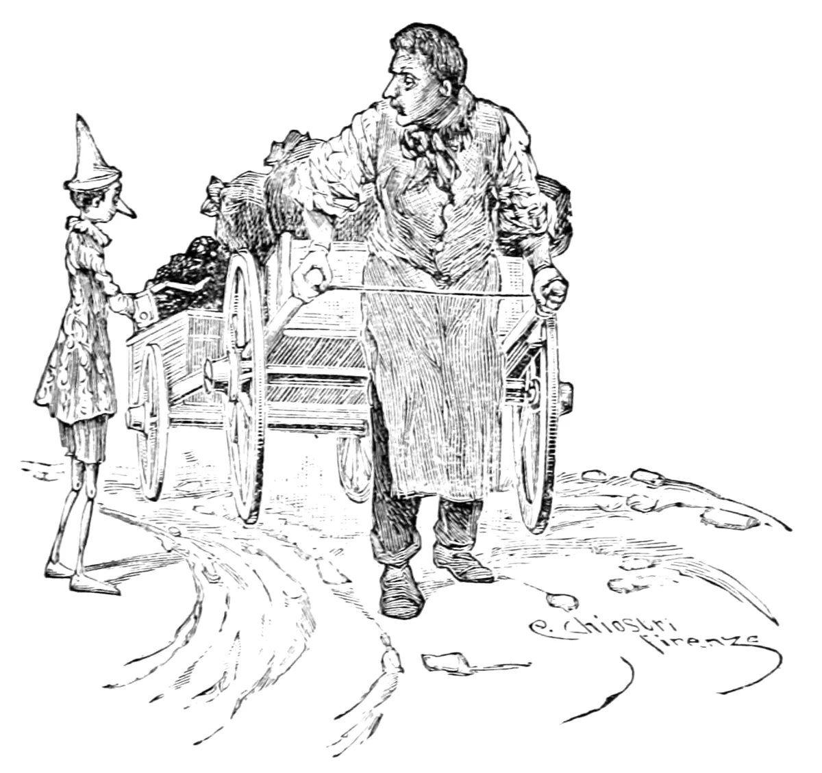 Pinocchio tende la mano verso un uomo robusto col grembiule, che tira un carretto carico di sacchi di carbone.