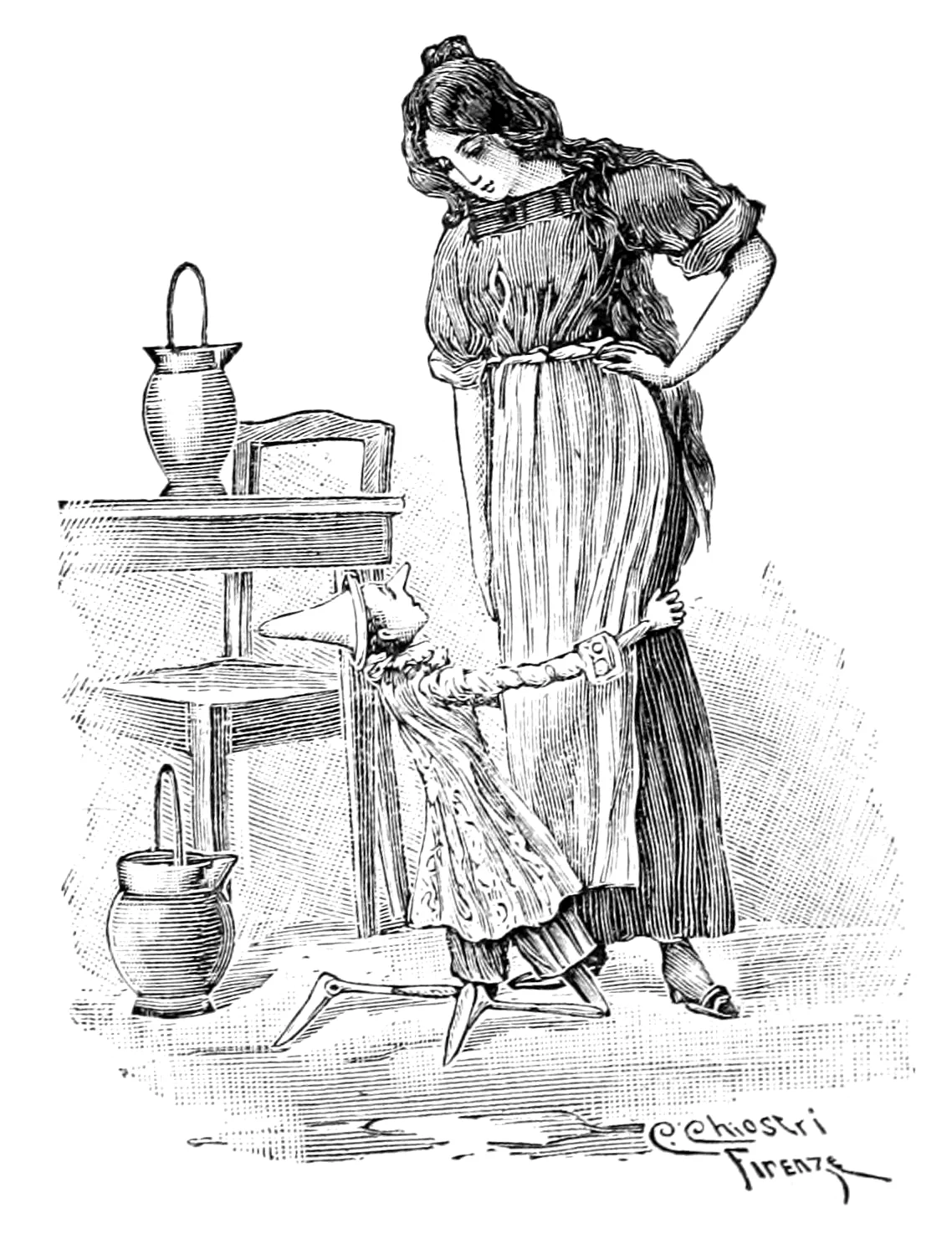 Pinocchio si stringe alle ginocchia della Fata, ora donna fatta e col grembiule, che lo guarda con una mano sul fianco accanto a una sedia e a due brocche d'acqua.
