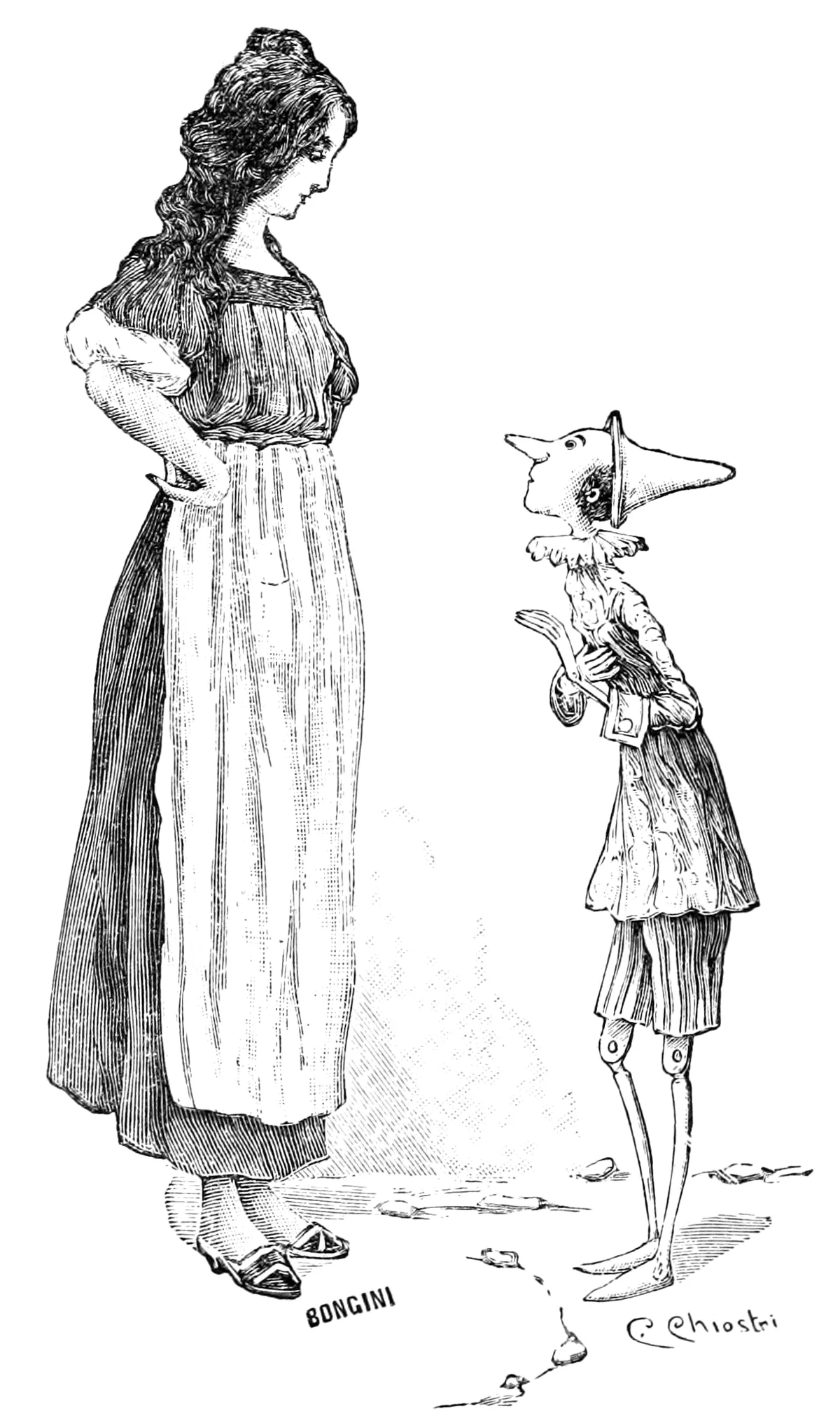 La Fata, col grembiule lungo e una mano sul fianco, guarda dall'alto Pinocchio, che col suo berretto a punta le sta davanti e la guarda in viso.